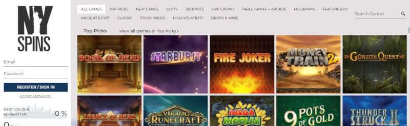 nyspins homepage offers gambling games, ilk depozit bonusu və yeni oyunçular üçün təkliflər-loqosu