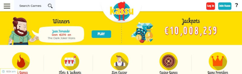 kassu casino lobby provides slot machines and jackpots, canlı kazino, all gambling games and filtering options by game providers-logo