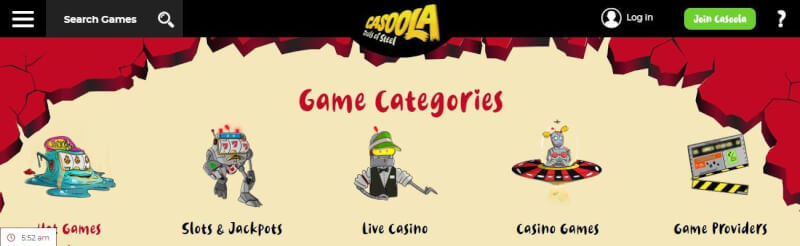 casoola lobby offers slot machines and jackpots, real time casino, various casino games and filters by online game providers-logo