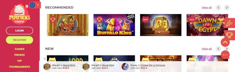 maneki casino homepage offers casino games, very first deposit extra and promotions for new players-logo