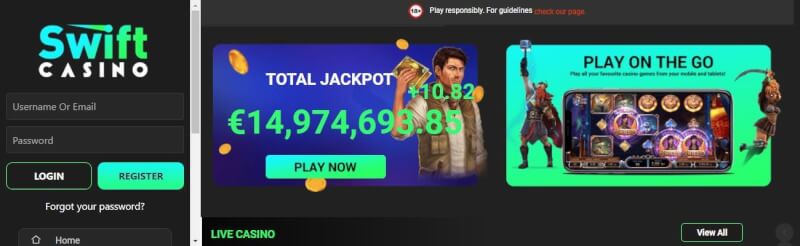 swift casino homepage provides casino games and promotions for brand new players-logo
