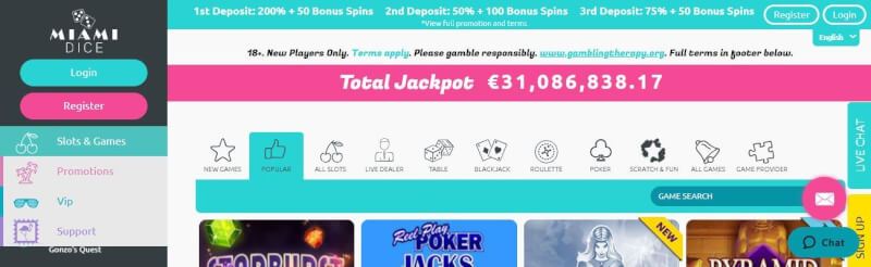 miami dice website provides gambling games, ilk depozit əlavə və yeni oyunçular üçün promosyonlar-loqosu
