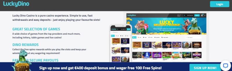 Luckydino casino lobby with slots and gambling games, sign up and obtain first deposit bonus-logo