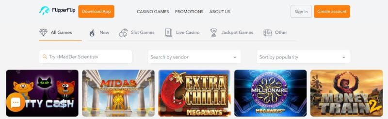 flipperflip casino website provides casino games, ilk depozit əlavə və yeni oyunçular üçün kampaniyalar-loqosu