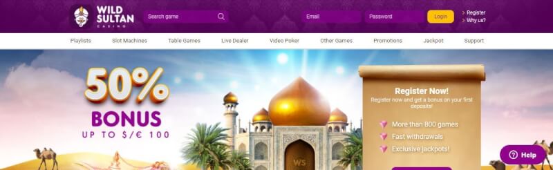 wild sultan casino homepage offers gambling games and offers for new players-logo